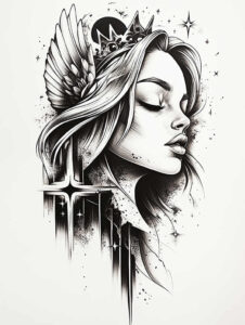 warrior-angel – tattoo design ideas free ai generated – realism-natural-contrast – for-back-of-neck – Gallery: angel-inkby-ai