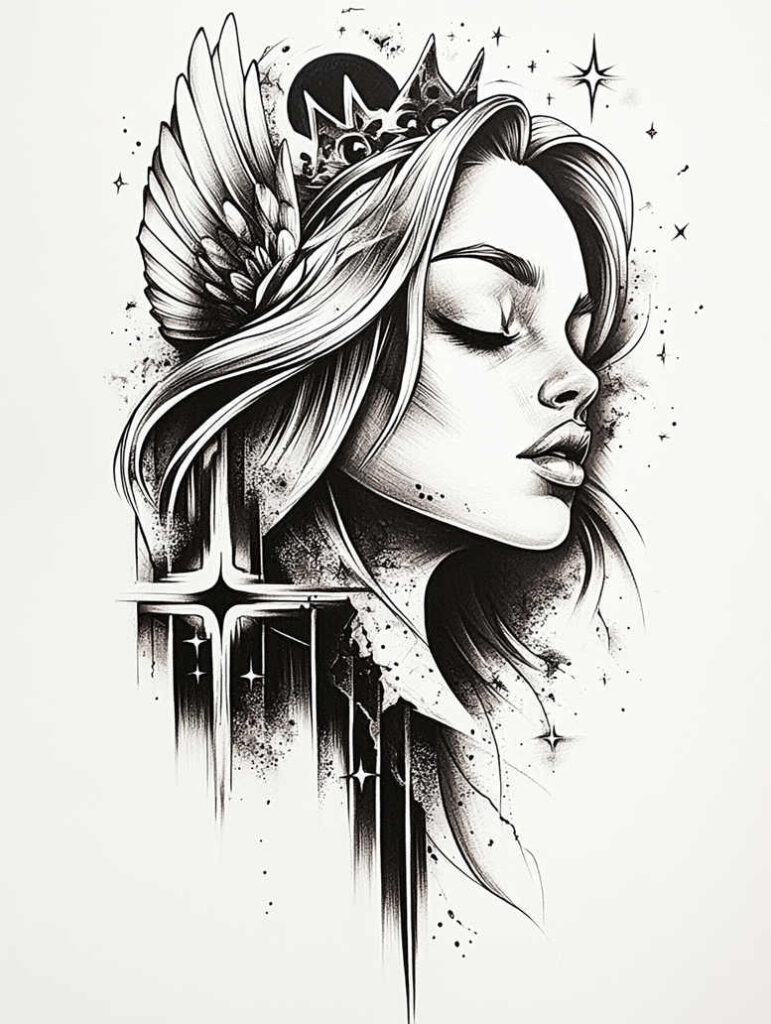 warrior-angel – tattoo design ideas free ai generated – realism-natural-contrast – for-back-of-neck – Gallery: angel-inkby-ai