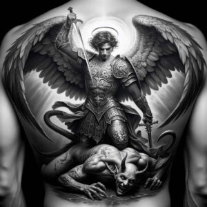 Angel warrior in ornate black and grey armor with sword, large wings and halo, standing over a demon; tattoo project for cover-up.