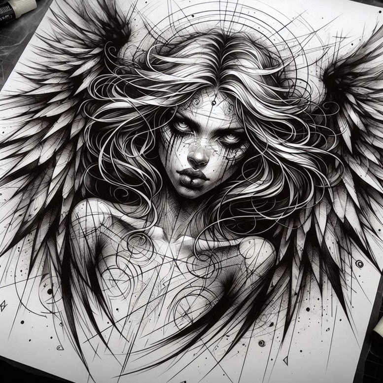 Black and grey portrait of a woman's face with expansive wings, flowing hair, and geometric line-work; a tattoo project idea for a cover-up.