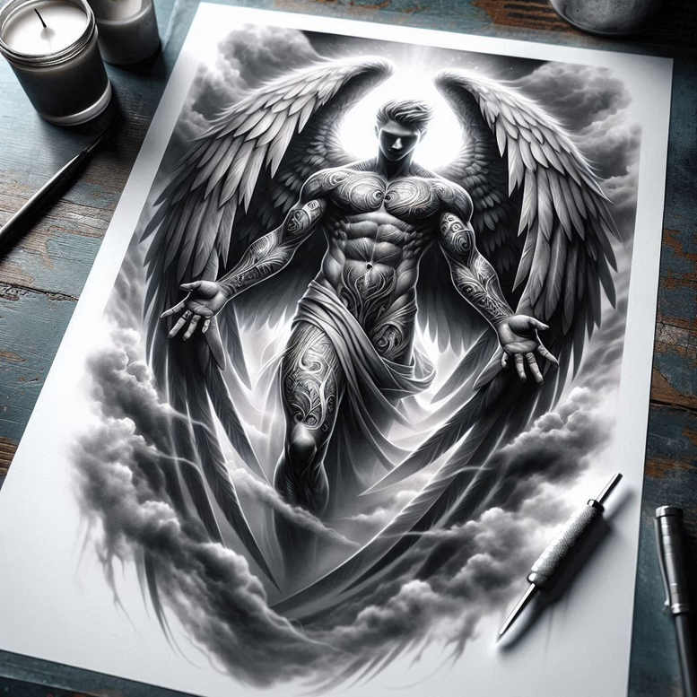 Angel with expansive wings amid clouds on a sheet of paper; nearby pen and candle; black and grey image; AI-generated tattoo project idea, cover-up suitable.