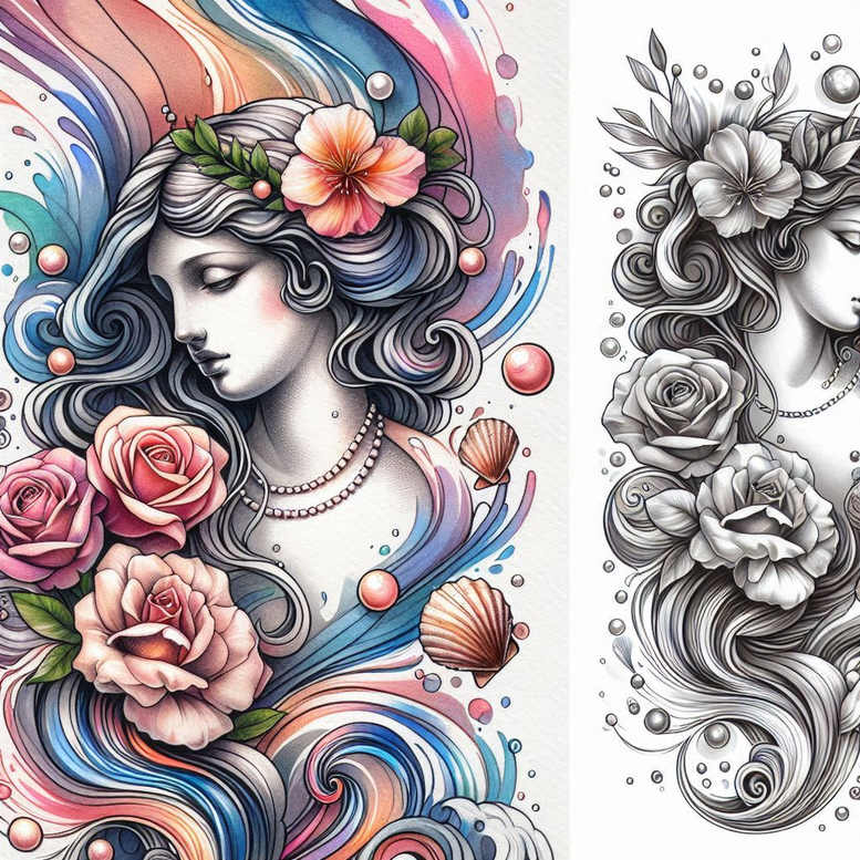 feminine-deity – tattoo design ideas free ai generated – surrealism-disorienting – for-foot – Gallery: aphrodite-inkby-ai