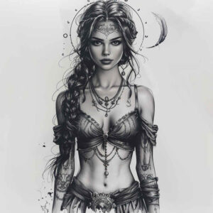 goddess-of-magnetism – tattoo design ideas free ai generated – neotraditional-dynamic-color – for-behind-ear – Gallery: aphrodite-inkby-ai