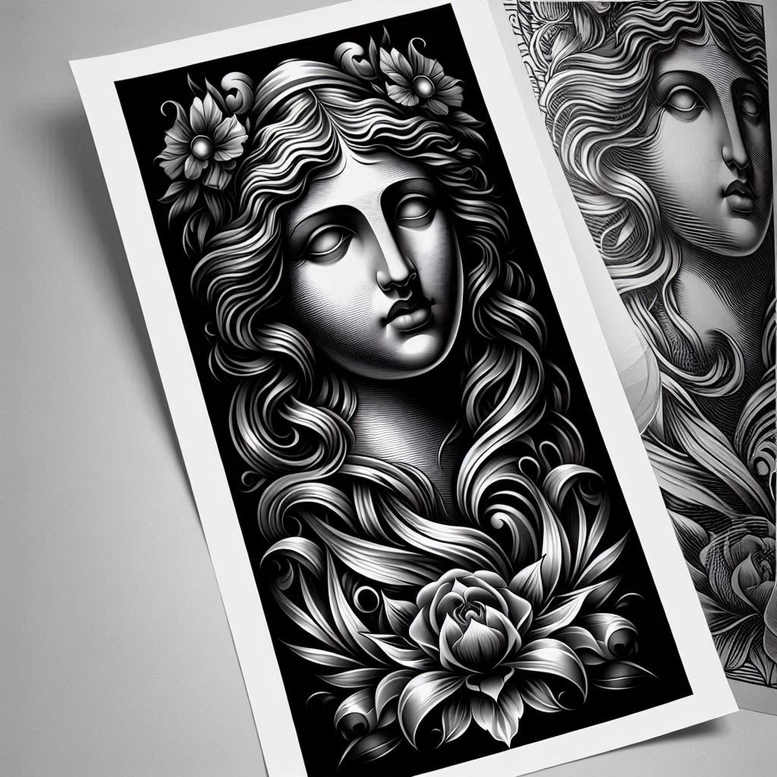 mythological-goddess – tattoo design ideas free ai generated – surrealism-displaced-objects – for-elbow – Gallery: aphrodite-inkby-ai