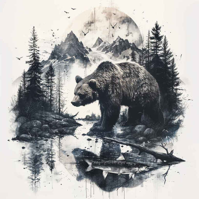 bear-primal-power – tattoo design ideas free ai generated – surrealism-shadow-play – for-back-shoulder – Gallery: bears-inkby-ai