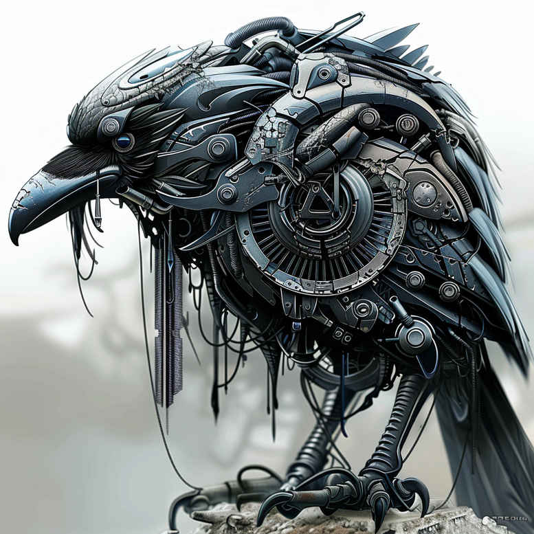 Black and grey biomechanical crow tattoo design in progress; AI-generated concept, project/idea, cover-up suitable.