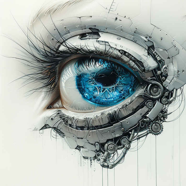 Blue eye with surrounding mechanical gears in color; AI-generated biomechanical tattoo concept for a futuristic body art project.