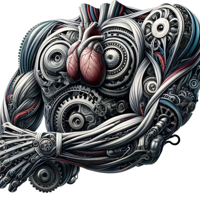 Color biomechanical tattoo design featuring a heart entwined with gears and tubes; a project concept in color, cover-up ready.