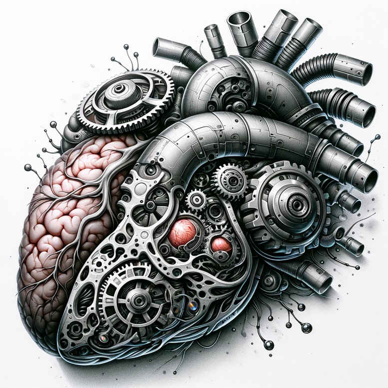 Black and grey biomechanical heart tattoo design with gears and metal parts; AI-generated concept, project idea, perfect for cover-up.