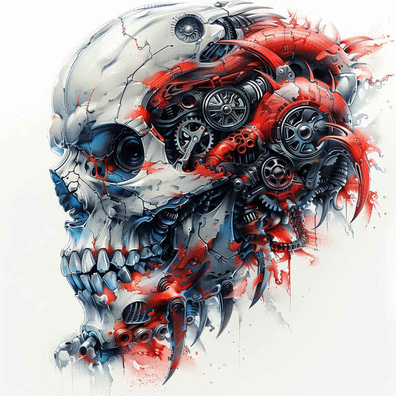 Colorful biomechanical skull tattoo with gears and tubes in red and blue; color image, project idea.