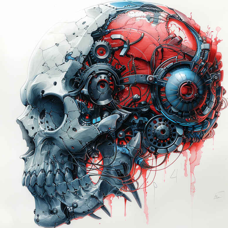 Skull with biomechanical gears and red accents, colored tattoo concept for a biomechanical project.