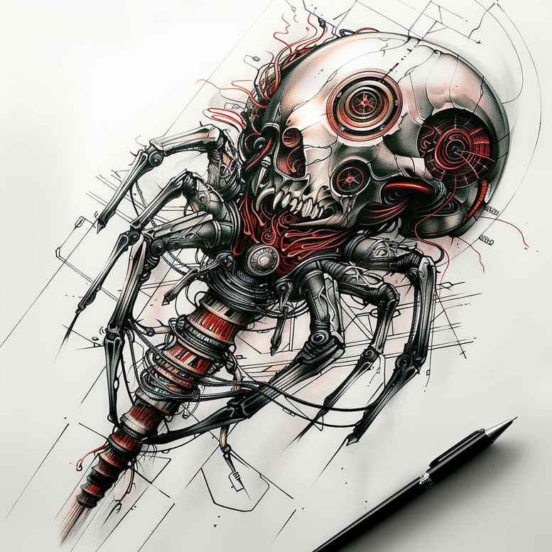 Black and grey biomechanical skull tattoo with gears, tubes and wires; concept idea, cover-up-ready.