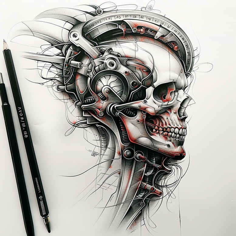 Skull with mechanical gear and wire elements tattoo in black and grey; AI-generated concept, project idea.