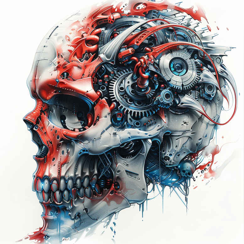 Colorful biomechanical skull tattoo with gears and wires in red and blue; color tattoo; project concept for a tattoo design; suitable for cover-up.