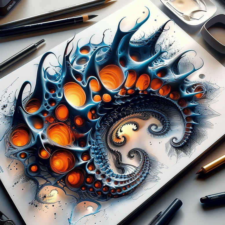 Color biomechanical spiral tattoo in blue and orange, a project idea with cover-up potential.