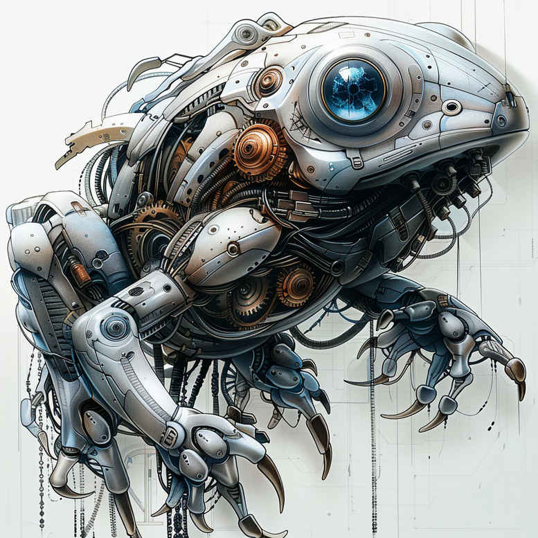 Biomechanical color tattoo concept featuring a chrome eye, gears, and metallic limbs; project idea for a high-tech biomechanical piece.