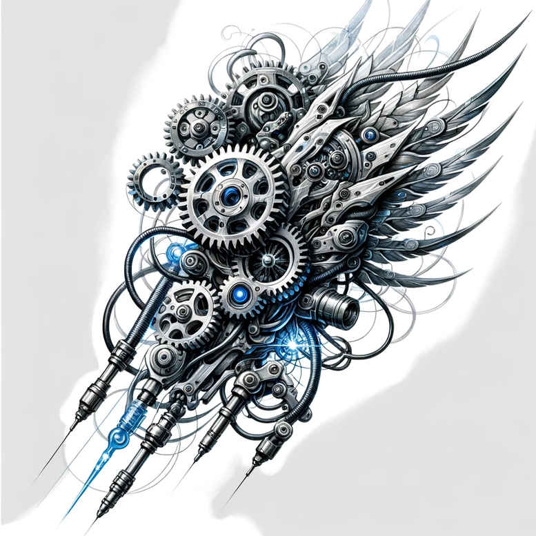 Black and grey biomechanical tattoo design concept with gears and cables forming a wing-like plume; AI-generated idea, perfect for cover-up.