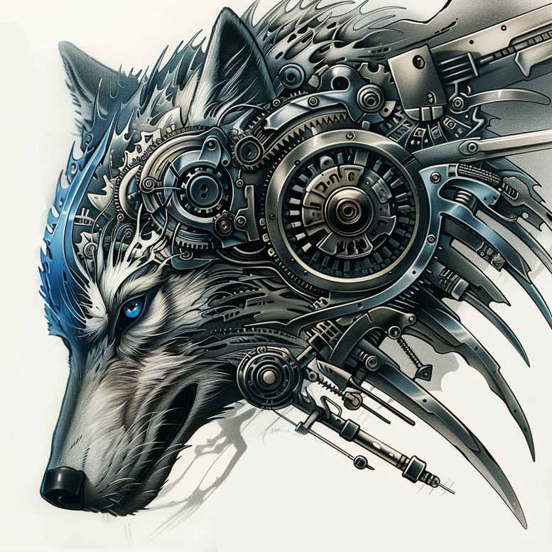 Color biomechanical wolf head tattoo with gears; AI-generated project idea.