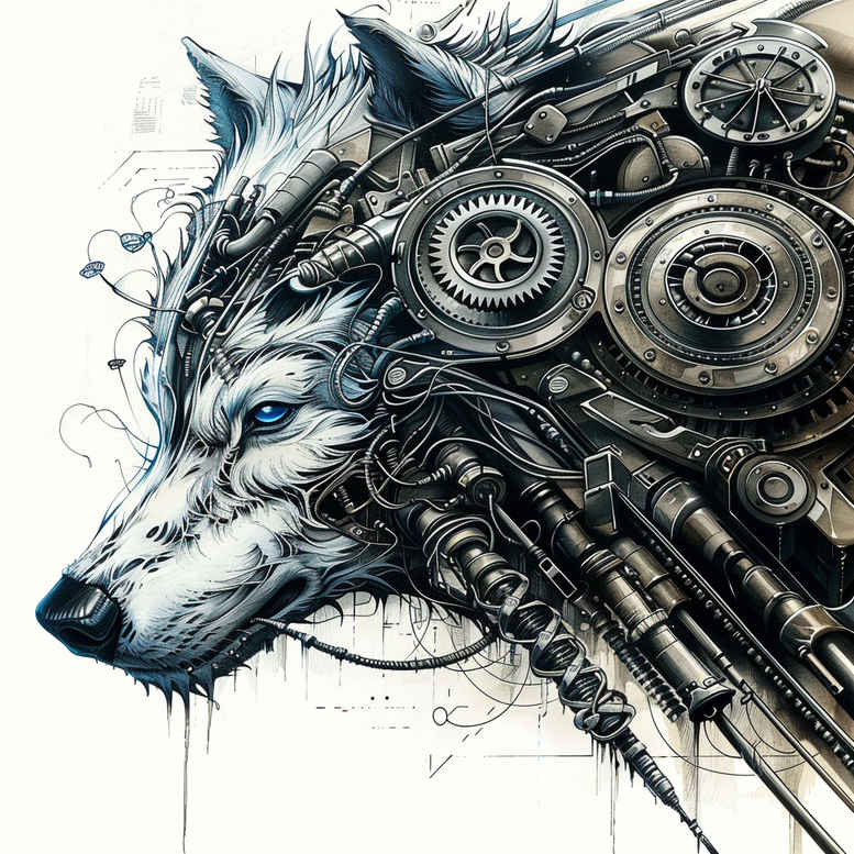 Colorful biomechanical wolf head tattoo concept in color, featuring gears and mechanical components; project idea, not specifically designed as cover-up.