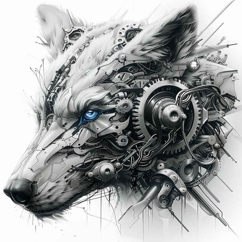 Black and grey biomechanical wolf head tattoo design with gears and metallic detailing; AI-generated concept.