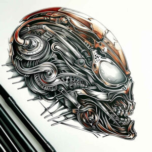 artistic-biomechanical-tattoo – tattoo design ideas free ai generated – surrealism-blurred-boundaries – for-shin – Gallery: biomechanics-inkby-ai