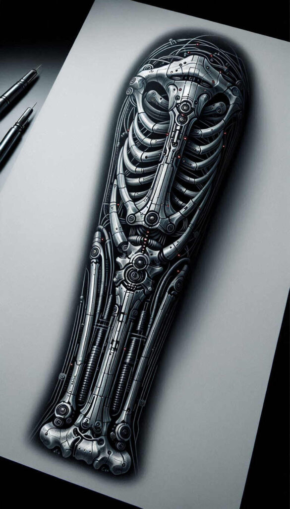 bio-mechanical-pattern – tattoo design ideas free ai generated – neotraditional-bold-texture – for-thigh – Gallery: biomechanics-inkby-ai