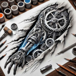 bio-robotic-tattoo – tattoo design ideas free ai generated – realism-light-and-shadow-play – for-scapula – Gallery: biomechanics-inkby-ai