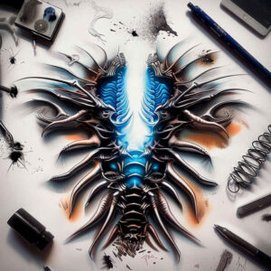 biomech-design – tattoo design ideas free ai generated – realism-soft-focus – for-back-shoulder – Gallery: biomechanics-inkby-ai