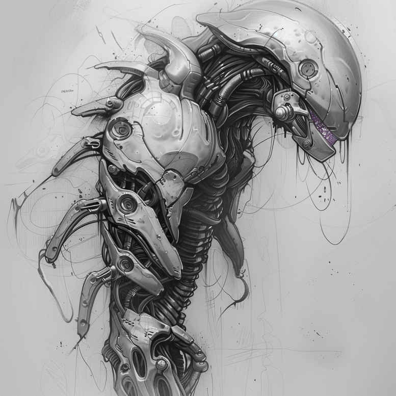 biomech-illustration-tattoo – tattoo design ideas free ai generated – surrealism-blurred-edges – for-calf – Gallery: biomechanics-inkby-ai