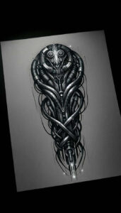 biomech-illustration-tattoo – tattoo design ideas free ai generated – surrealism-enigmatic-light – for-shin – Gallery: biomechanics-inkby-ai