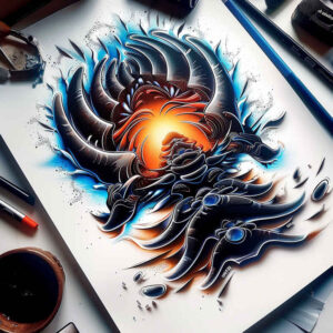 biomechanical-art – tattoo design ideas free ai generated – surrealism-chromatic-aberration – for-calf – Gallery: biomechanics-inkby-ai