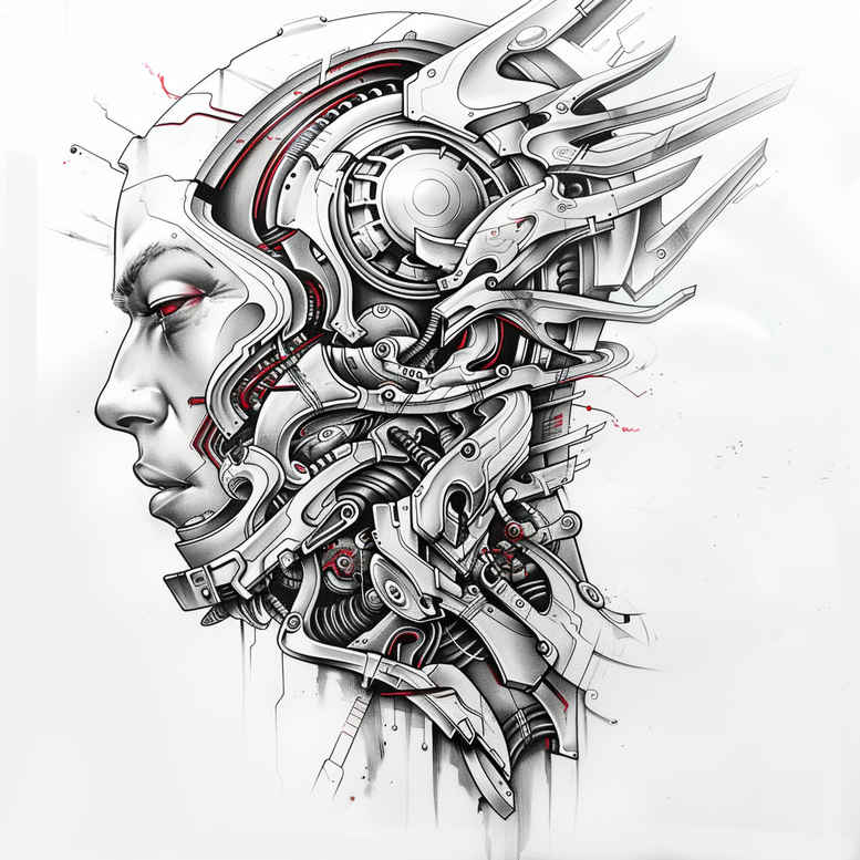 biomechanical-composition-tattoo – tattoo design ideas free ai generated – surrealism-disorienting – for-lower-arm – Gallery: biomechanics-inkby-ai