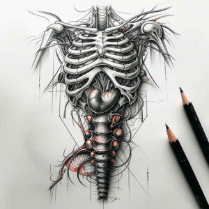 biomechanical-detail-tattoo – tattoo design ideas free ai generated – realism-fine-lines – for-upper-thigh – Gallery: biomechanics-inkby-ai