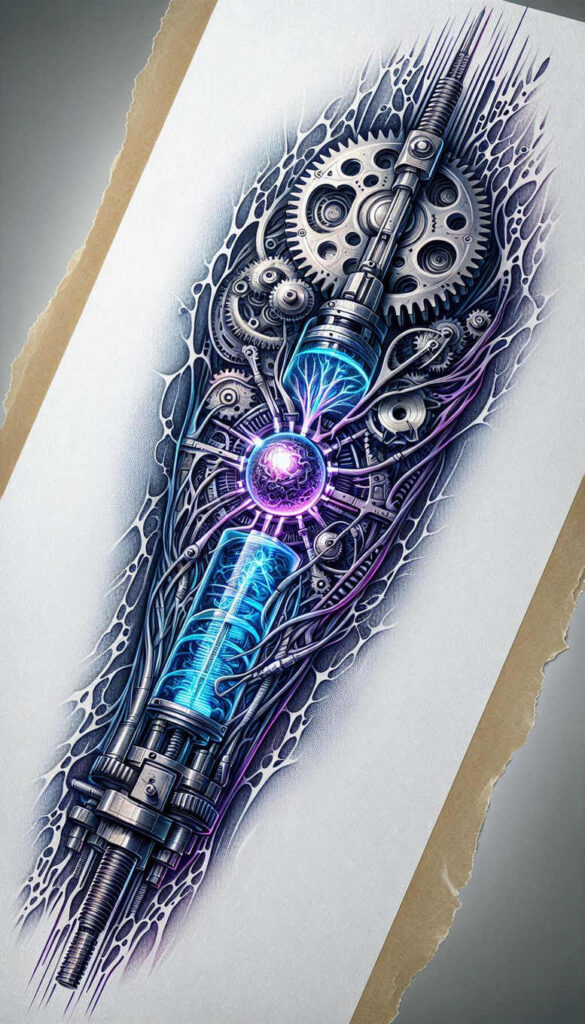 biomechanical-effect-tattoo – tattoo design ideas free ai generated – neotraditional-layered-fill – for-chest – Gallery: biomechanics-inkby-ai