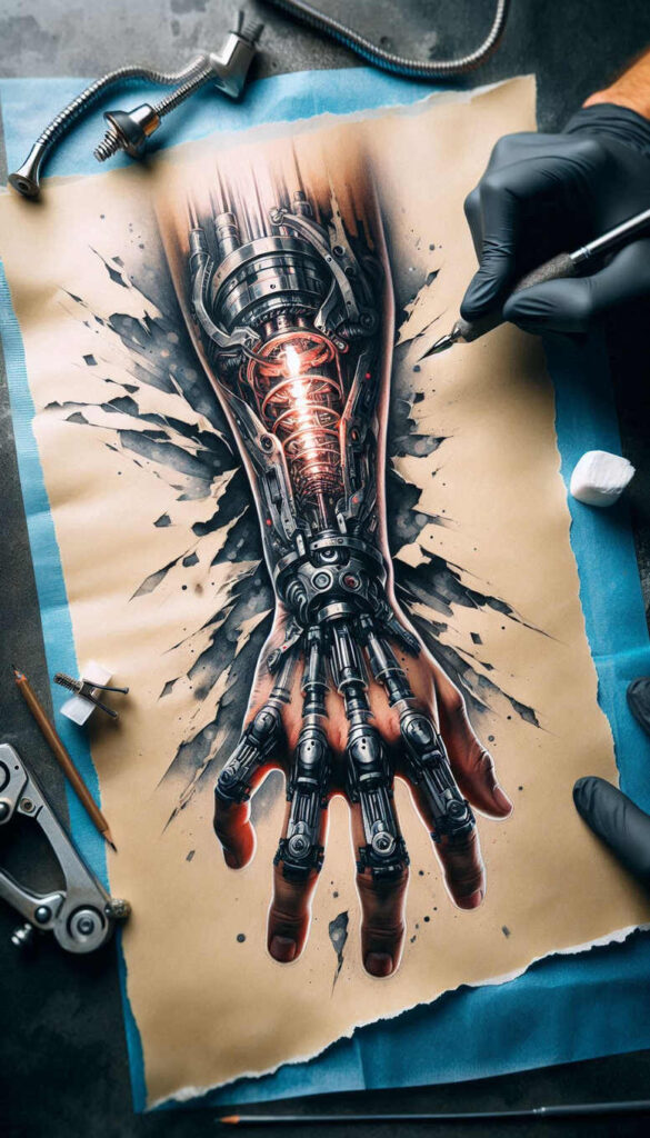 biomechanical-engineering-tattoo – tattoo design ideas free ai generated – neotraditional-bold-highlights – for-foot – Gallery: biomechanics-inkby-ai
