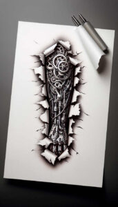 biomechanical-engineering-tattoo – tattoo design ideas free ai generated – neotraditional-layered-fill – for-sternum – Gallery: biomechanics-inkby-ai