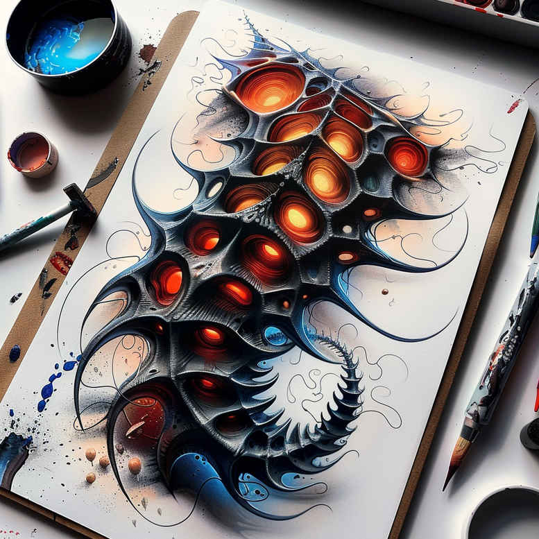 biomechanical-engineering-tattoo – tattoo design ideas free ai generated – neotraditional-precise-lines – for-back – Gallery: biomechanics-inkby-ai