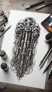 biomechanical-lifestyle-tattoo – tattoo design ideas free ai generated – surrealism-ghostly-shapes – for-spine – Gallery: biomechanics-inkby-ai