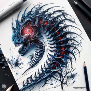 biomechanical-power – tattoo design ideas free ai generated – neotraditional-enhanced-shading – for-upper-thigh – Gallery: biomechanics-inkby-ai