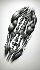 biomechanical-power – tattoo design ideas free ai generated – realism-ink-layering – for-back – Gallery: biomechanics-inkby-ai