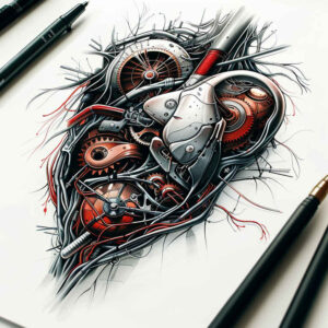 biomechanical-tattoo – tattoo design ideas free ai generated – neotraditional-artful-color – for-calf – Gallery: biomechanics-inkby-ai