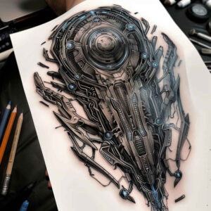 complex-mechanics-tattoo – tattoo design ideas free ai generated – realism-refined-contrast – for-stomach – Gallery: biomechanics-inkby-ai