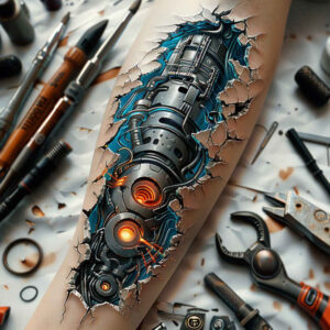 complex-mechanics-tattoo – tattoo design ideas free ai generated – surrealism-vibrant-contrasts – for-arm – Gallery: biomechanics-inkby-ai