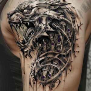 cybernetic-design – tattoo design ideas free ai generated – neotraditional-dynamic-color – for-upper-shoulder – Gallery: biomechanics-inkby-ai