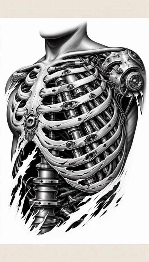 cybernetic-flow-tattoo – tattoo design ideas free ai generated – neotraditional-balanced-color – for-upper-thigh – Gallery: biomechanics-inkby-ai