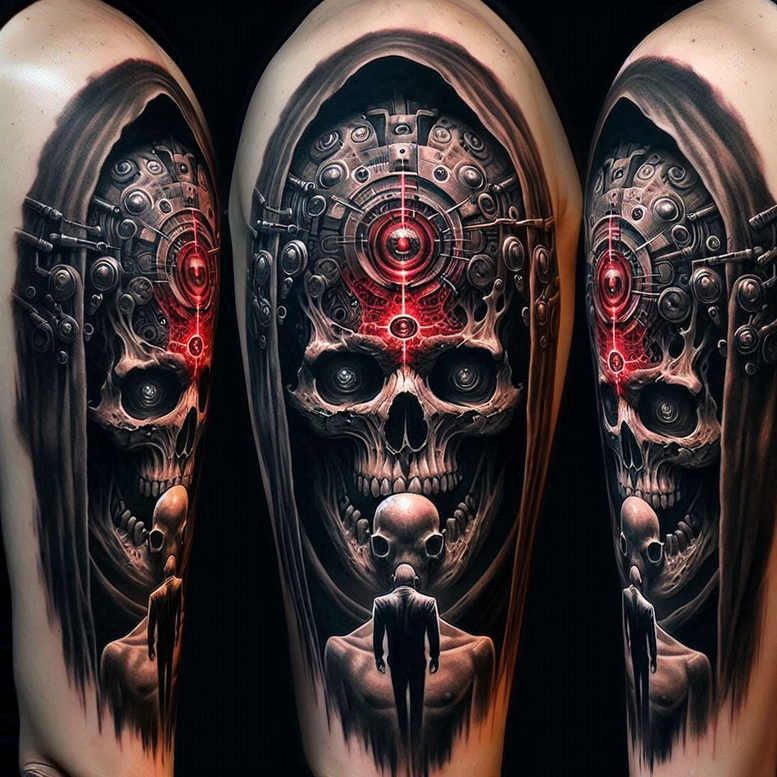 cybernetic-pattern – tattoo design ideas free ai generated – neotraditional-bold-texture – for-shoulder-blade – Gallery: biomechanics-inkby-ai