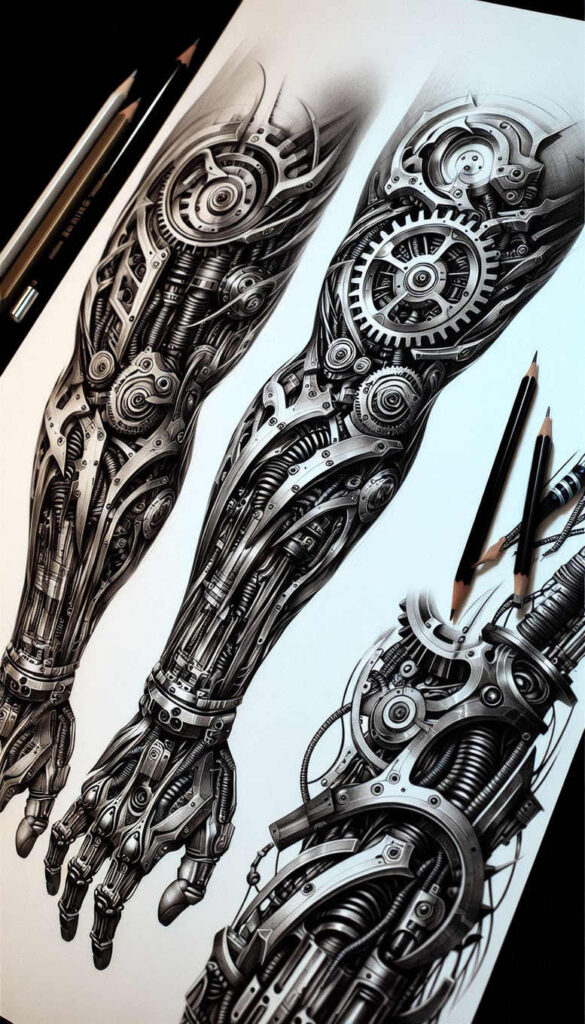 cybernetic-pattern – tattoo design ideas free ai generated – realism-portrait-realism – for-lower-chest – Gallery: biomechanics-inkby-ai