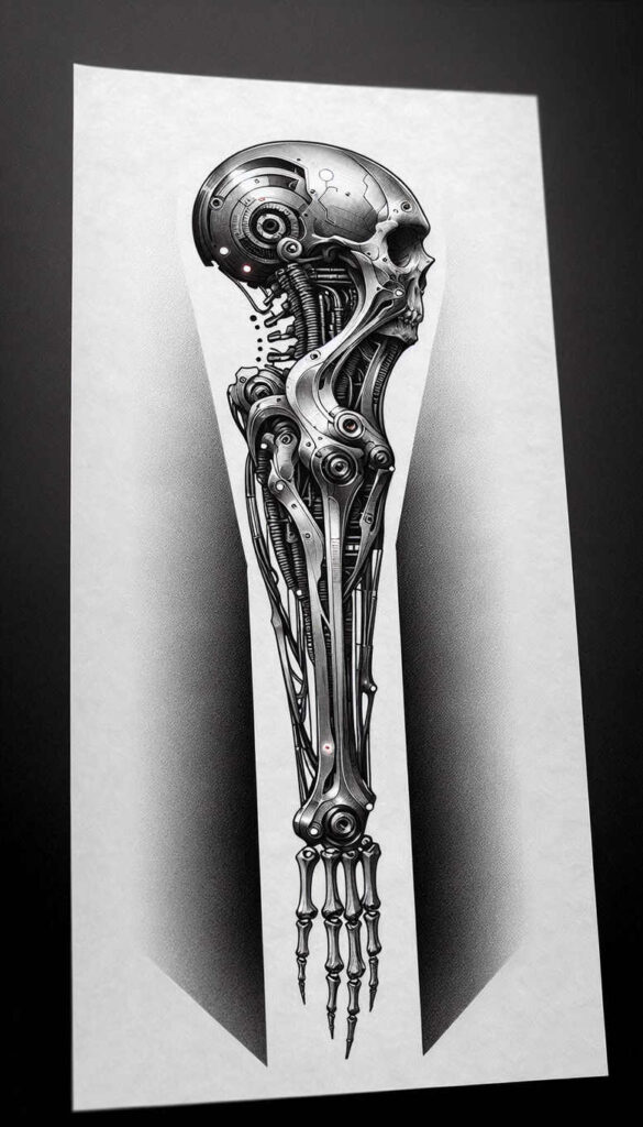 cybernetic-tattoo – tattoo design ideas free ai generated – neotraditional-artistic-contrast – for-outer-arm – Gallery: biomechanics-inkby-ai