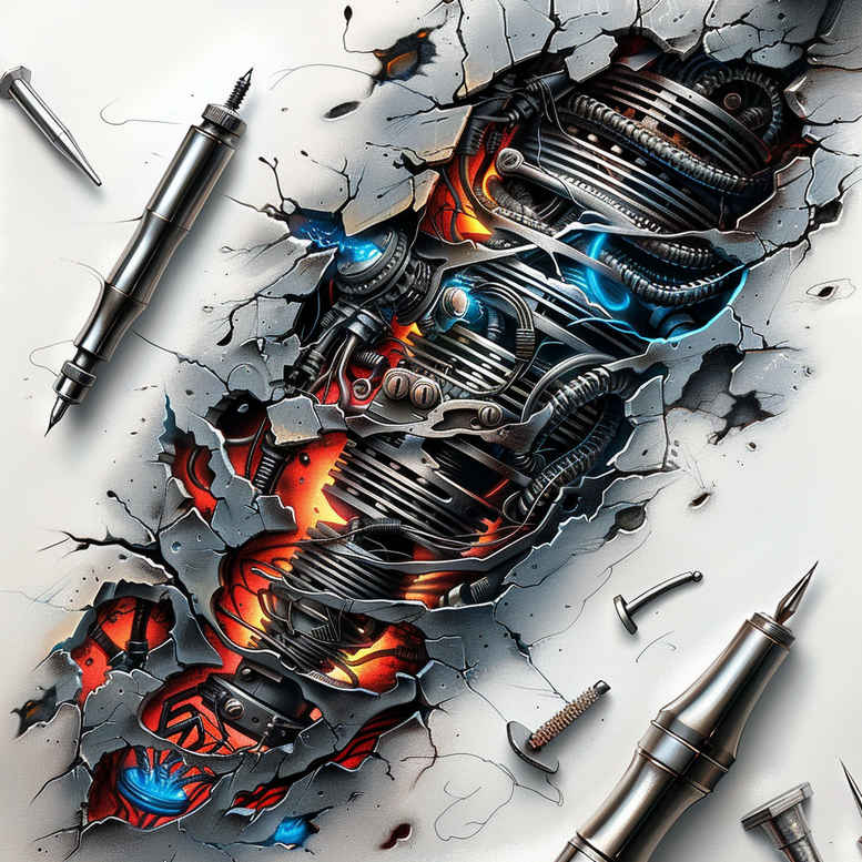 cybernetic-tattoo – tattoo design ideas free ai generated – neotraditional-precise-lines – for-thigh – Gallery: biomechanics-inkby-ai