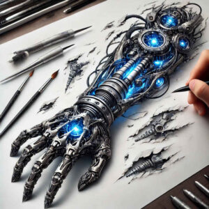 cybernetic-tattoo – tattoo design ideas free ai generated – surrealism-blurred-edges – for-full-back – Gallery: biomechanics-inkby-ai